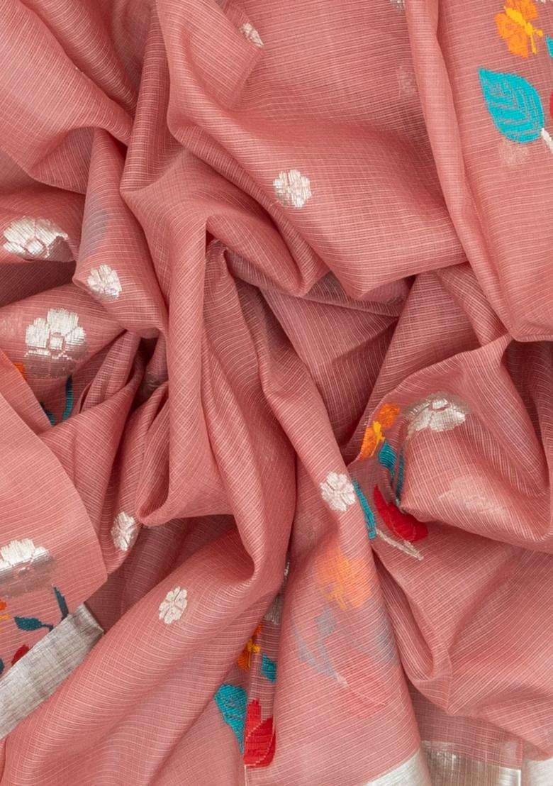 Light Peach Handloom Kota Silk Cotton Saree With Meena Floral Buttas With Buttas And Brocade Design For Women - Indya