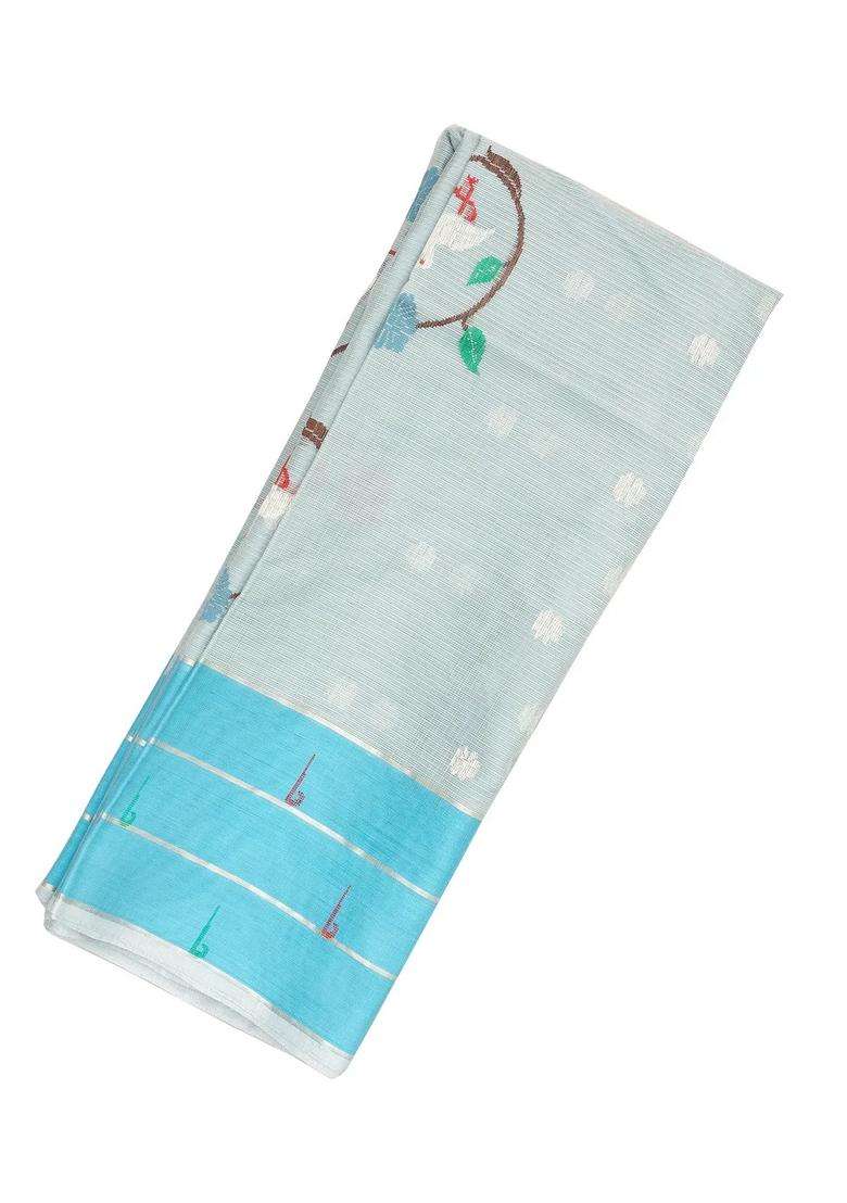 Light Blue Handloom Kota Silk Cotton Saree With Meena Bird Buttas With Buttas And Brocade Design For Women - Indya