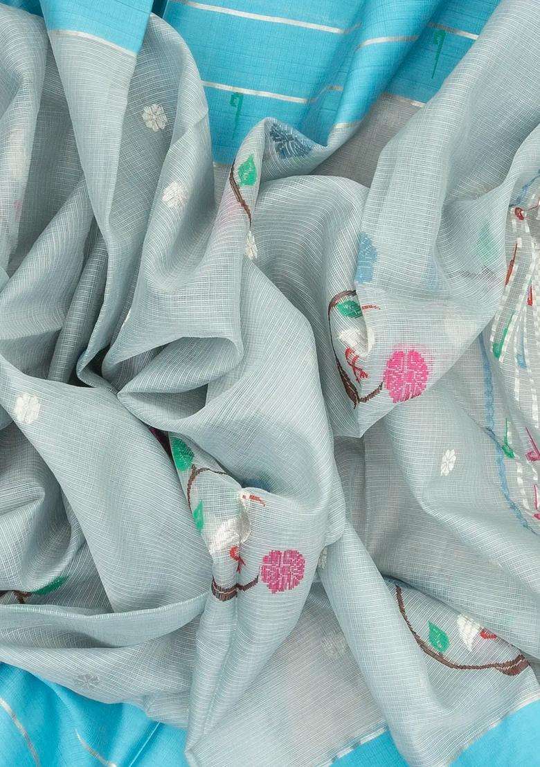 Light Blue Handloom Kota Silk Cotton Saree With Meena Bird Buttas With Buttas And Brocade Design For Women - Indya