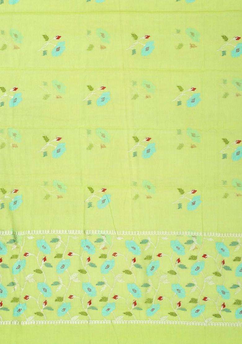 Yellow Neon Green Handloom Kota Silk Cotton Saree With Meena Floral Buttas With Buttas And Brocade Design For Women - Indya