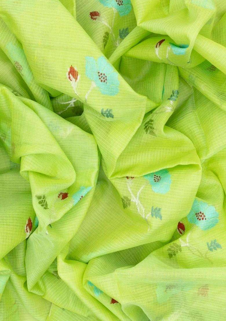 Yellow Neon Green Handloom Kota Silk Cotton Saree With Meena Floral Buttas With Buttas And Brocade Design For Women - Indya