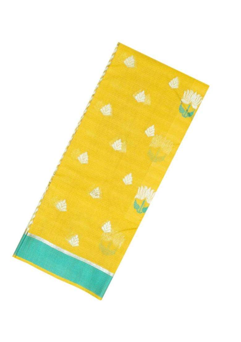 Yellow Mustard Handloom Kota Silk Cotton Saree With Meena Floral Buttas With Buttas And Brocade Design For Women - Indya
