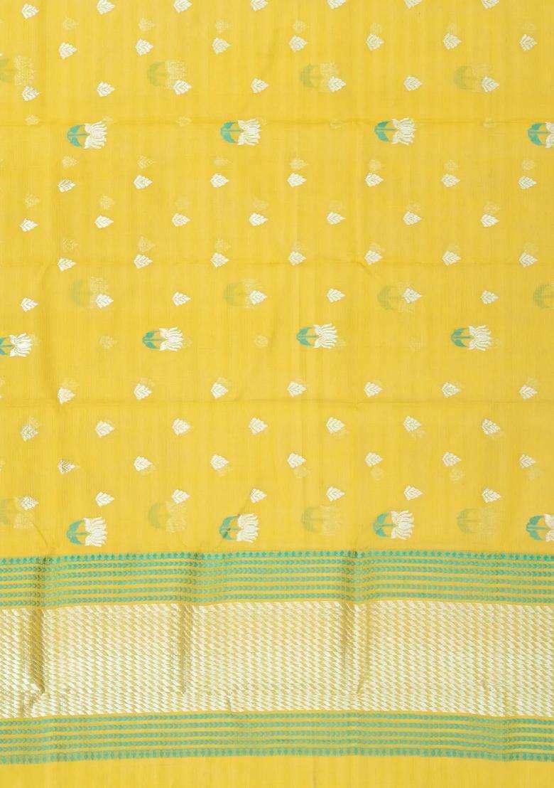 Yellow Mustard Handloom Kota Silk Cotton Saree With Meena Floral Buttas With Buttas And Brocade Design For Women - Indya