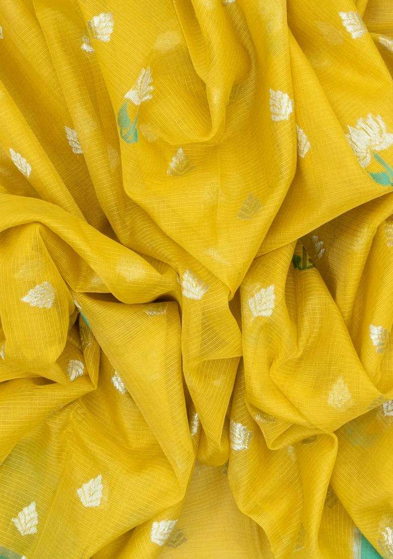 Yellow Mustard Handloom Kota Silk Cotton Saree With Meena Floral Buttas With Buttas And Brocade Design For Women - Indya