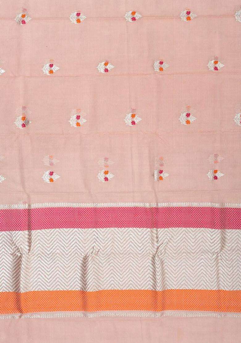 Peach Baby Pink Handloom Kota Silk Cotton Saree With Meena Floral Buttas With Buttas And Brocade Design For Women - Indya