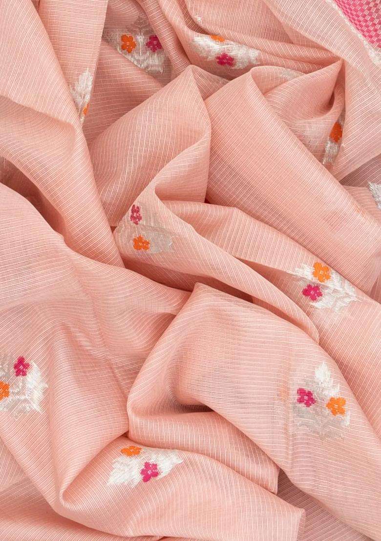 Peach Baby Pink Handloom Kota Silk Cotton Saree With Meena Floral Buttas With Buttas And Brocade Design For Women - Indya