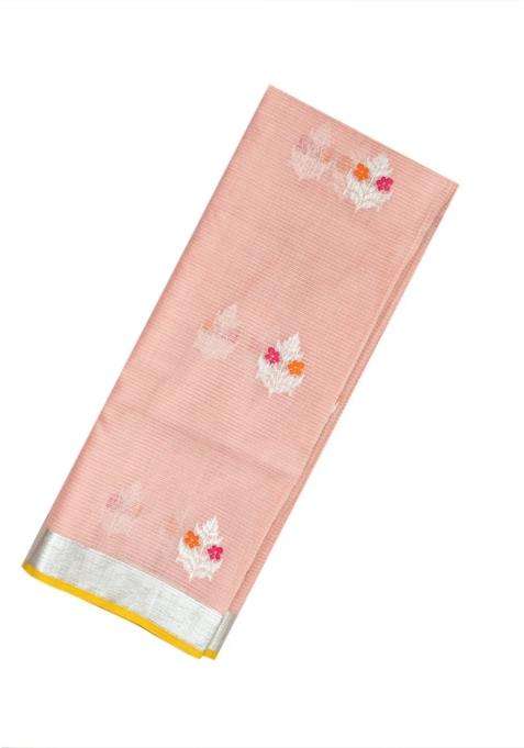 Peach Baby Pink Handloom Kota Silk Cotton Saree With Meena Floral Buttas With Buttas And Brocade Design For Women