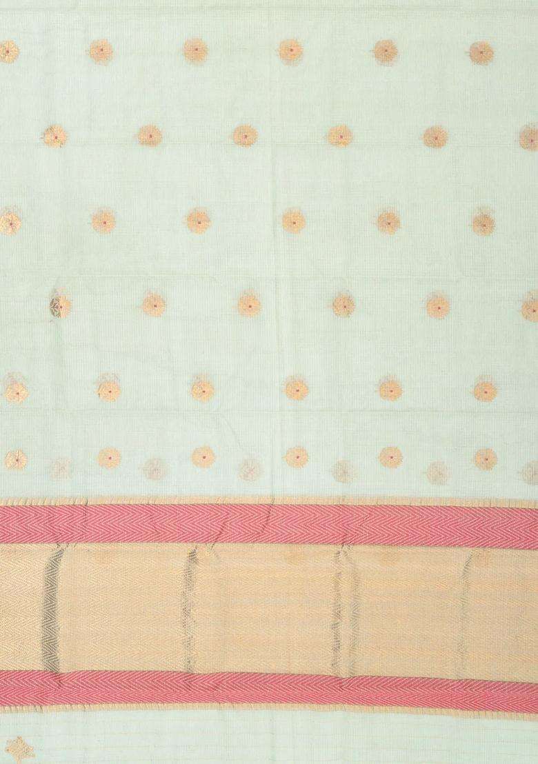 Light Green Handloom Kota Silk Cotton Saree With Meena Floral Buttas With Buttas And Brocade Design For Women - Indya