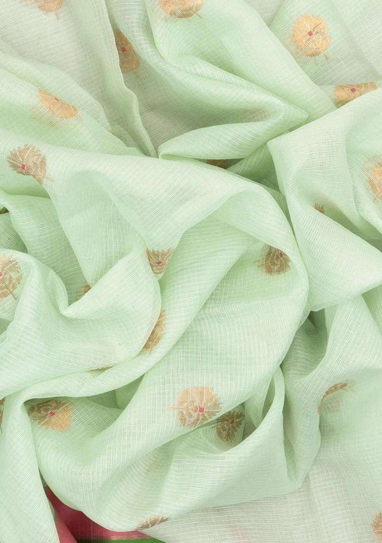 Light Green Handloom Kota Silk Cotton Saree With Meena Floral Buttas With Buttas And Brocade Design For Women - Indya
