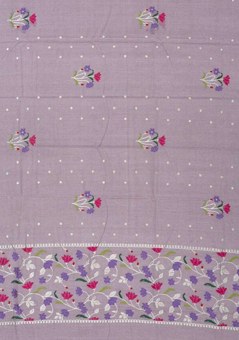 Lilac Handloom Kota Silk Cotton Saree With Meena Floral Buttas With Buttas And Brocade Design For Women - Indya
