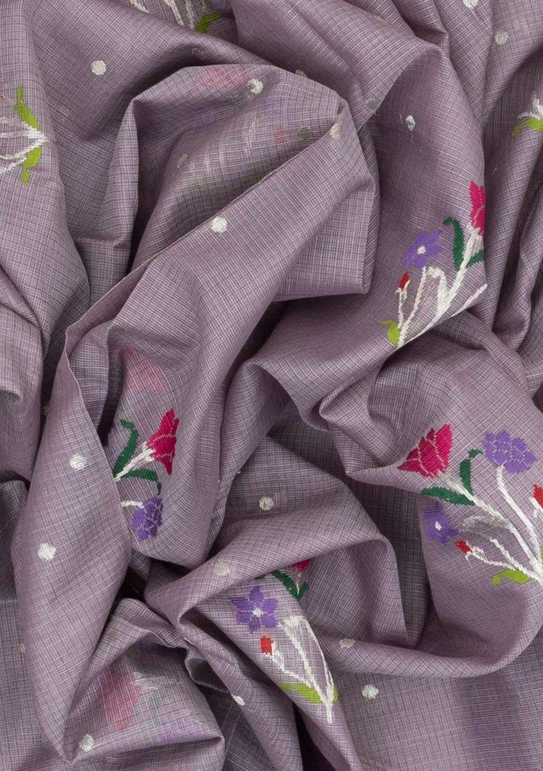 Lilac Handloom Kota Silk Cotton Saree With Meena Floral Buttas With Buttas And Brocade Design For Women - Indya