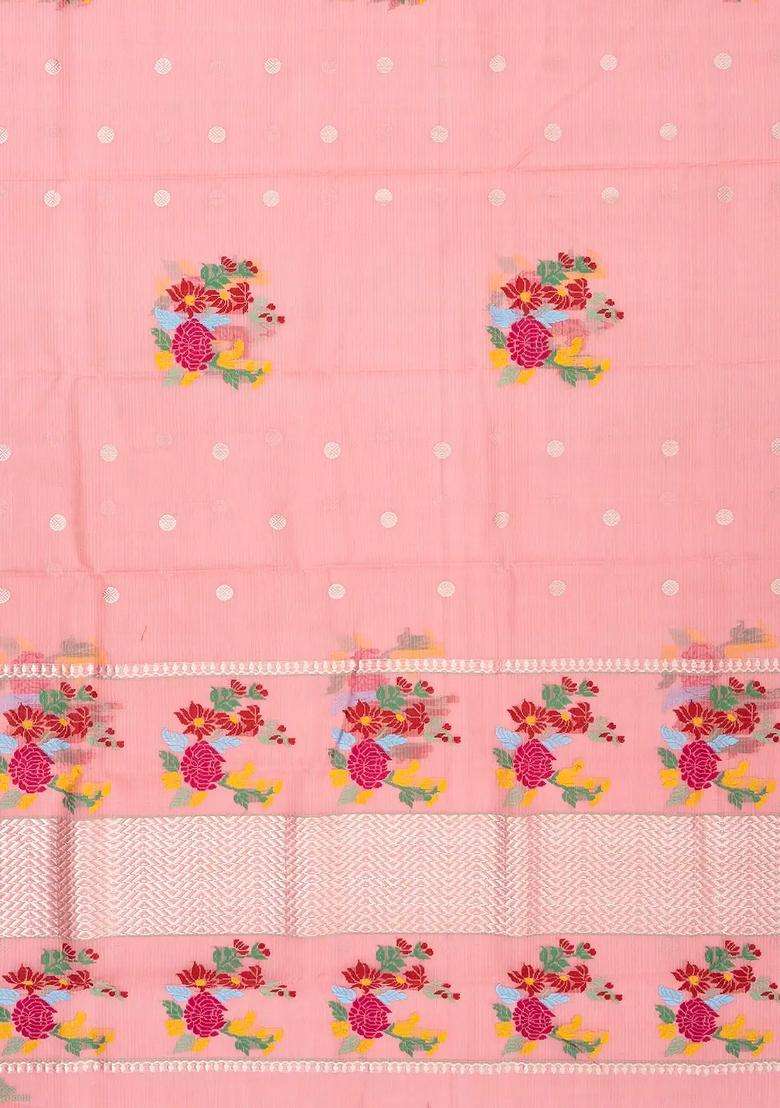 Bubblegum Pink Handloom Kota Silk Cotton Saree With Meena Floral Buttas With Buttas And Brocade Design For Women - Indya
