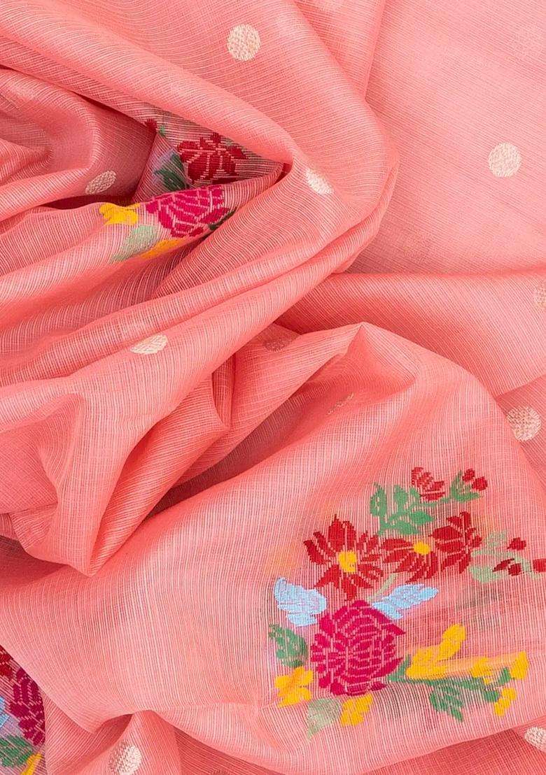 Bubblegum Pink Handloom Kota Silk Cotton Saree With Meena Floral Buttas With Buttas And Brocade Design For Women - Indya