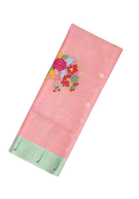 Bubblegum Pink Handloom Kota Silk Cotton Saree With Meena Floral Buttas With Buttas And Brocade Design For Women
