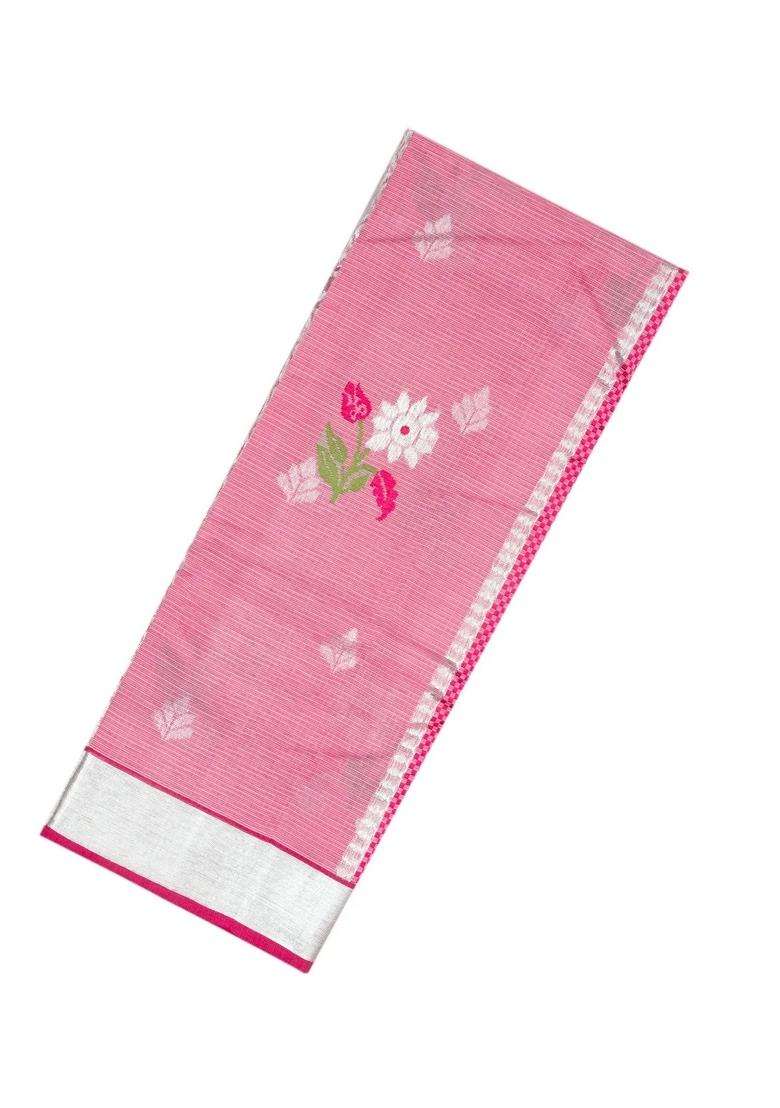 Bubblegum Pink Bubble Gum Pink Handloom Kota Silk Cotton Saree With Meena Floral Buttas With Buttas And Brocade Design For Women - Indya