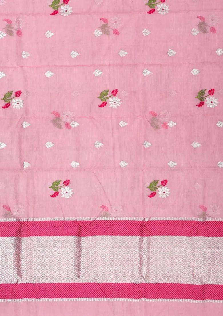 Bubblegum Pink Bubble Gum Pink Handloom Kota Silk Cotton Saree With Meena Floral Buttas With Buttas And Brocade Design For Women - Indya