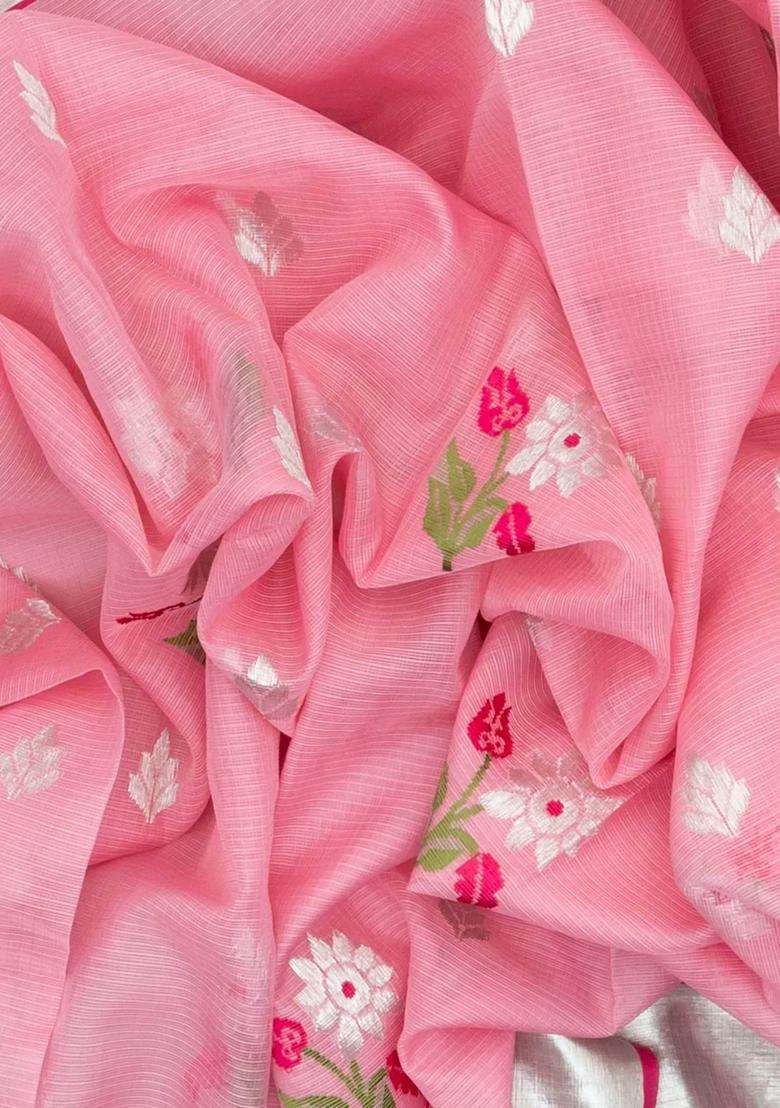 Bubblegum Pink Bubble Gum Pink Handloom Kota Silk Cotton Saree With Meena Floral Buttas With Buttas And Brocade Design For Women - Indya