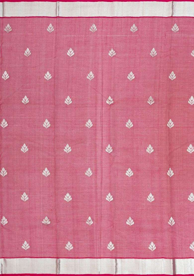 Bubblegum Pink Bubble Gum Pink Handloom Kota Silk Cotton Saree With Meena Floral Buttas With Buttas And Brocade Design For Women - Indya