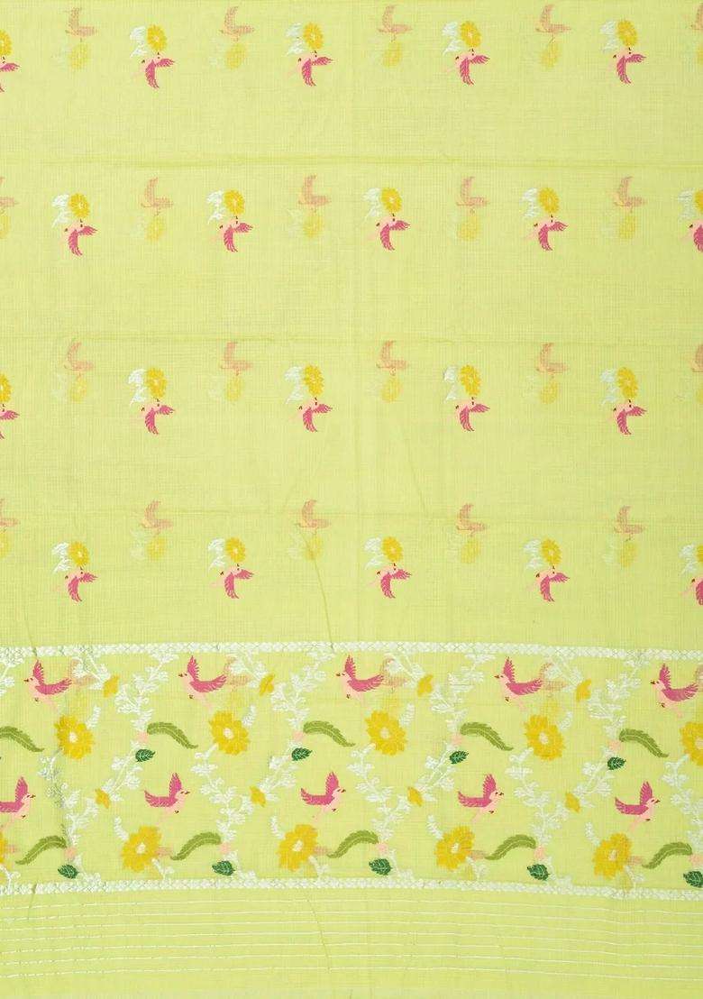 Lime Green Lemon Yellow Handloom Kota Silk Cotton Saree With Meena Bird Buttas With Buttas And Brocade Design For Women - Indya