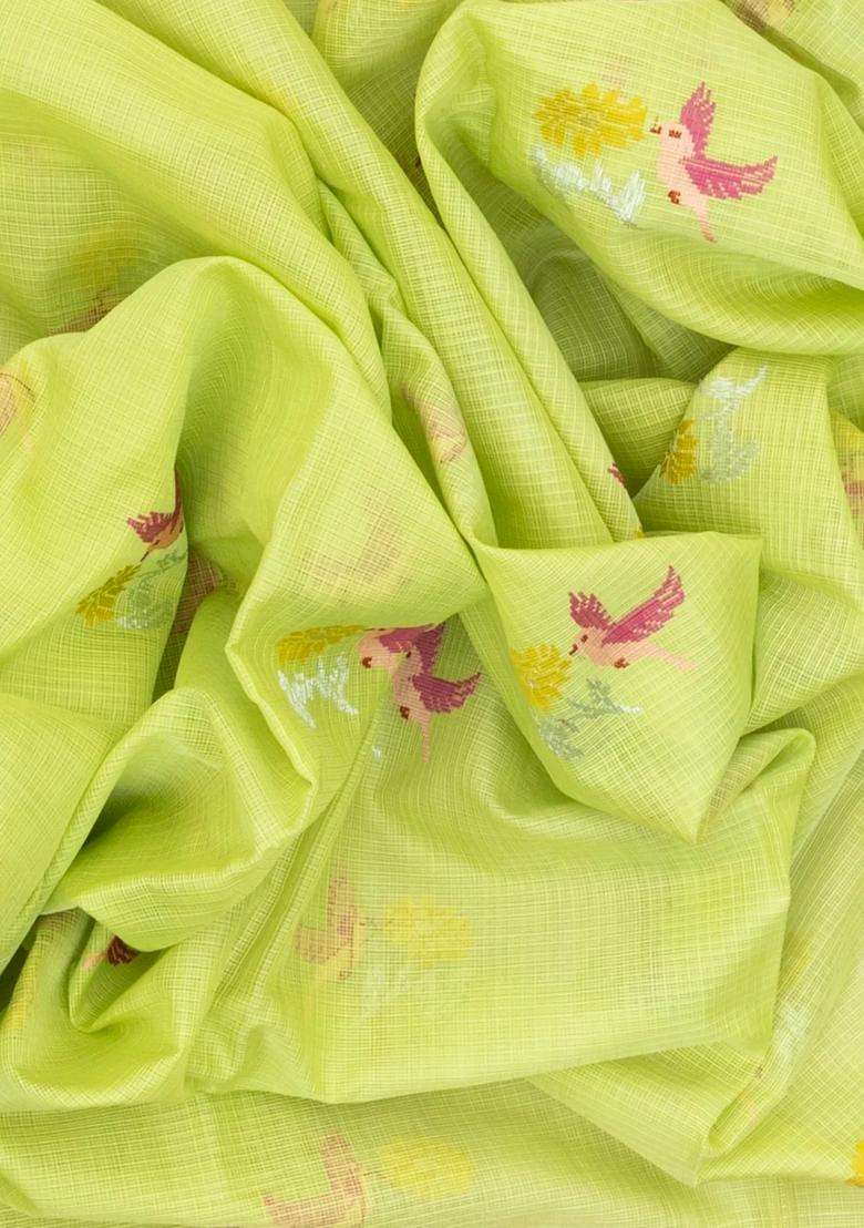 Lime Green Lemon Yellow Handloom Kota Silk Cotton Saree With Meena Bird Buttas With Buttas And Brocade Design For Women - Indya