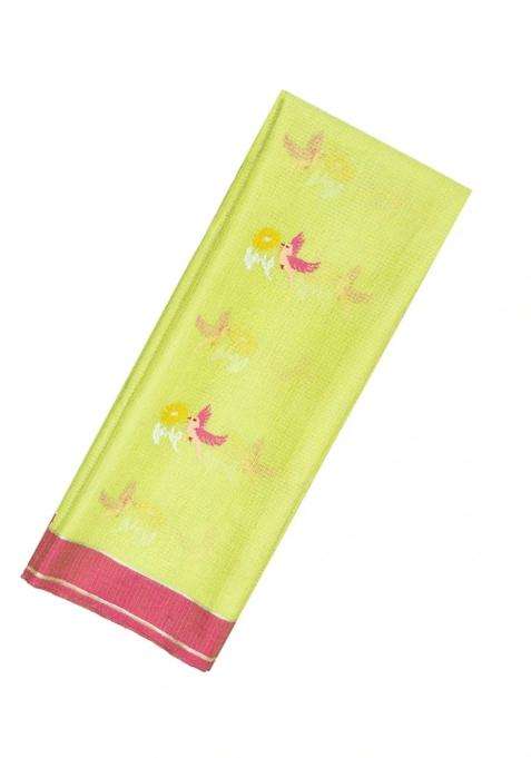 Lime Green Lemon Yellow Handloom Kota Silk Cotton Saree With Meena Bird Buttas With Buttas And Brocade Design For Women