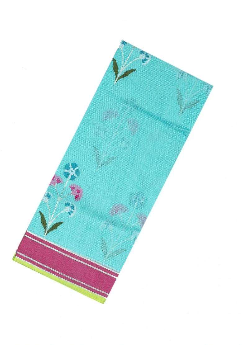Light Blue Turquoise Handloom Kota Silk Cotton Saree With Meena Floral Buttas With Buttas And Brocade Design For Women - Indya