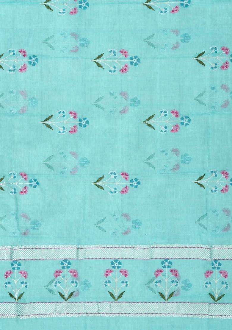 Light Blue Turquoise Handloom Kota Silk Cotton Saree With Meena Floral Buttas With Buttas And Brocade Design For Women - Indya
