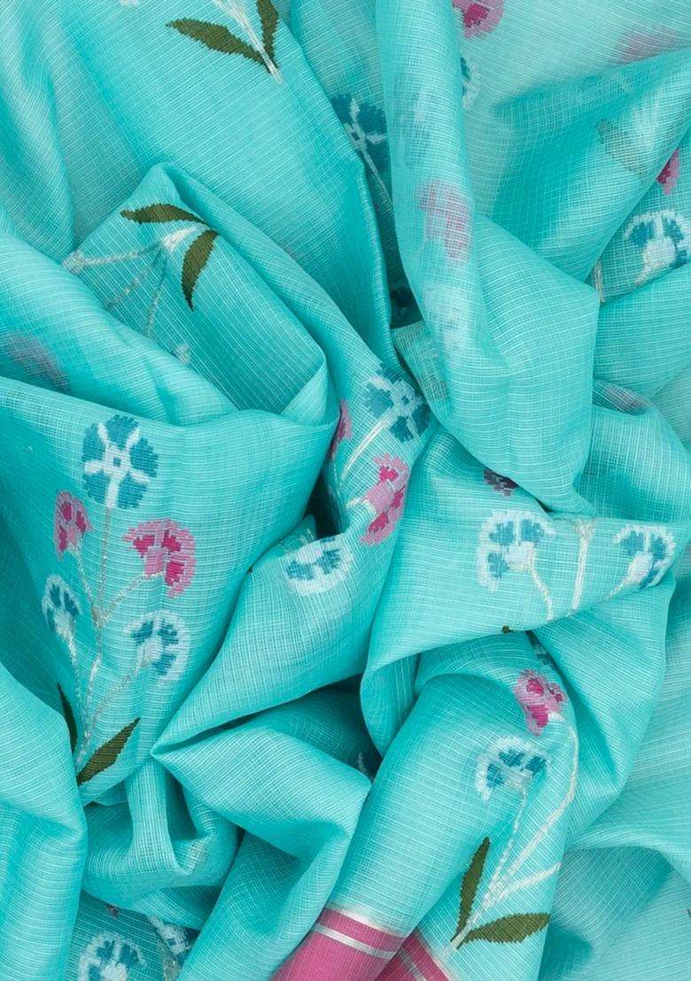 Light Blue Turquoise Handloom Kota Silk Cotton Saree With Meena Floral Buttas With Buttas And Brocade Design For Women - Indya
