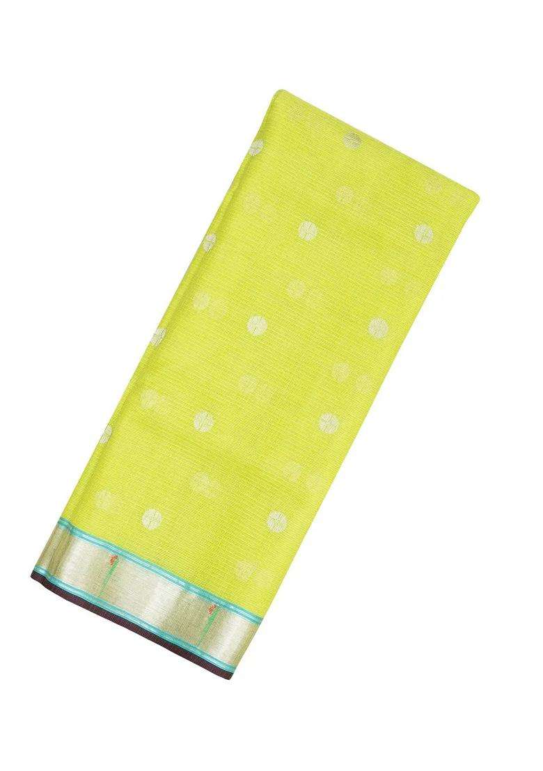 Lime Yellow Neon Green Handloom Kota Silk Cotton Saree With Buttas Meena Pallu With Buttas And Brocade Design For Women - Indya