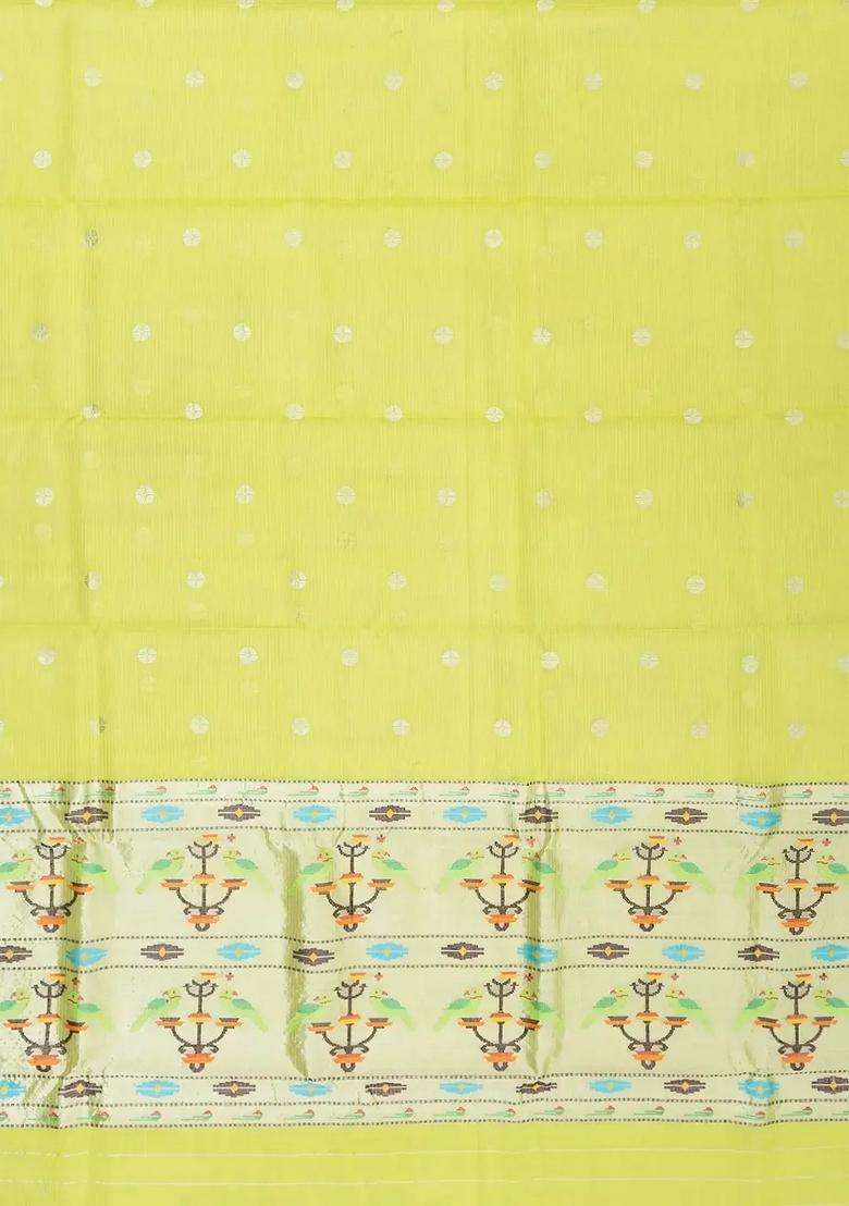 Lime Yellow Neon Green Handloom Kota Silk Cotton Saree With Buttas Meena Pallu With Buttas And Brocade Design For Women - Indya