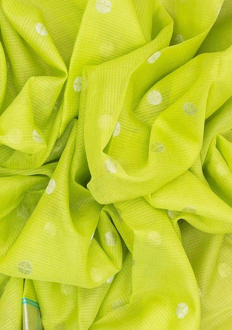 Lime Yellow Neon Green Handloom Kota Silk Cotton Saree With Buttas Meena Pallu With Buttas And Brocade Design For Women - Indya