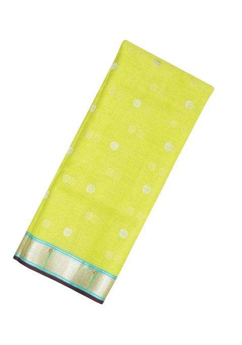 Lime Yellow Neon Green Handloom Kota Silk Cotton Saree With Buttas Meena Pallu With Buttas And Brocade Design For Women