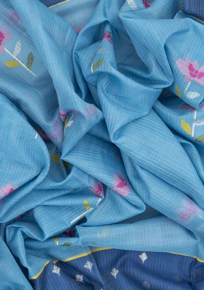 Steel Blue Handloom Kota Silk Cotton Saree With Meena Floral Buttas With Buttas And Brocade Design For Women - Indya