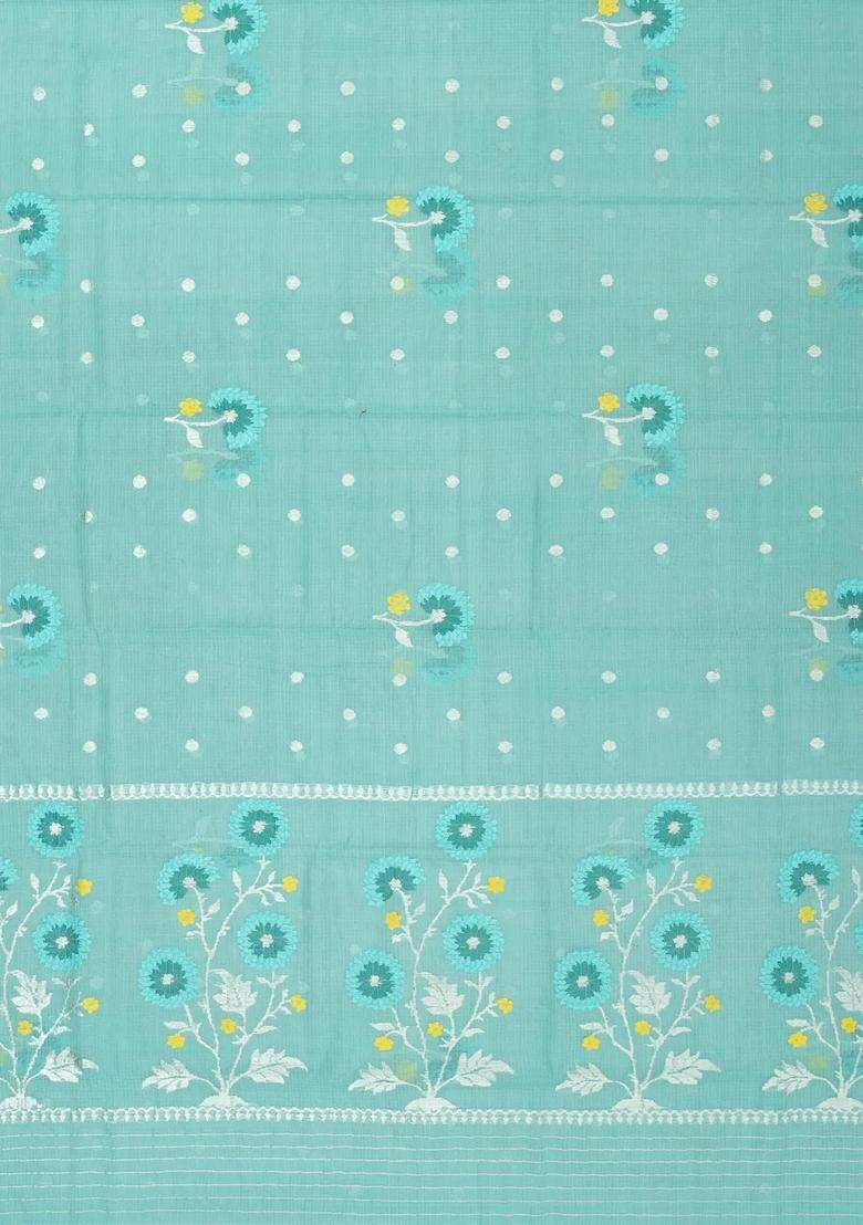 Turquoise Light Blue Handloom Kota Silk Cotton Saree With Meena Floral Buttas With Buttas And Brocade Design For Women - Indya