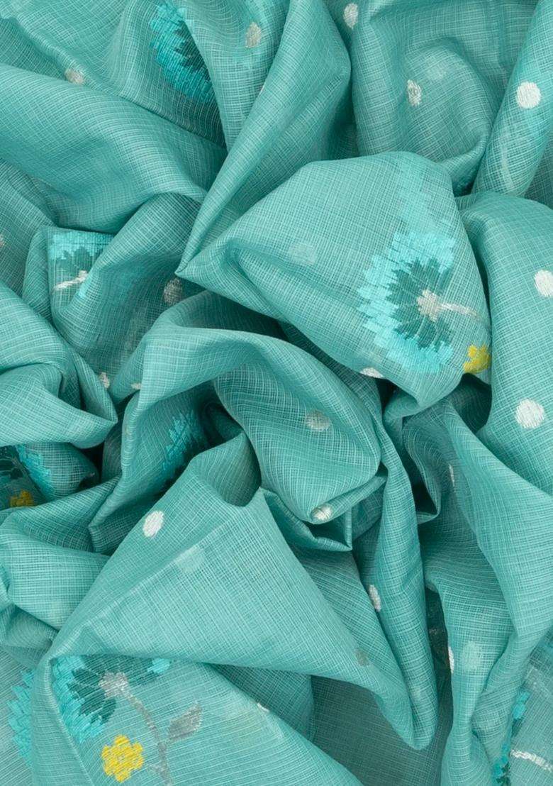 Turquoise Light Blue Handloom Kota Silk Cotton Saree With Meena Floral Buttas With Buttas And Brocade Design For Women - Indya