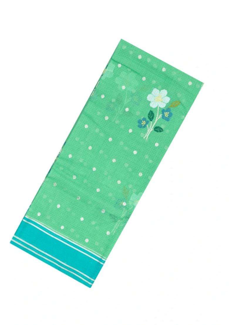 Peach Aquamarine Handloom Kota Silk Cotton Saree With Meena Floral Buttas With Buttas And Brocade Design For Women - Indya