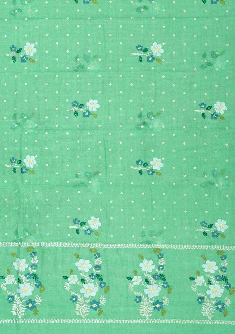Peach Aquamarine Handloom Kota Silk Cotton Saree With Meena Floral Buttas With Buttas And Brocade Design For Women - Indya