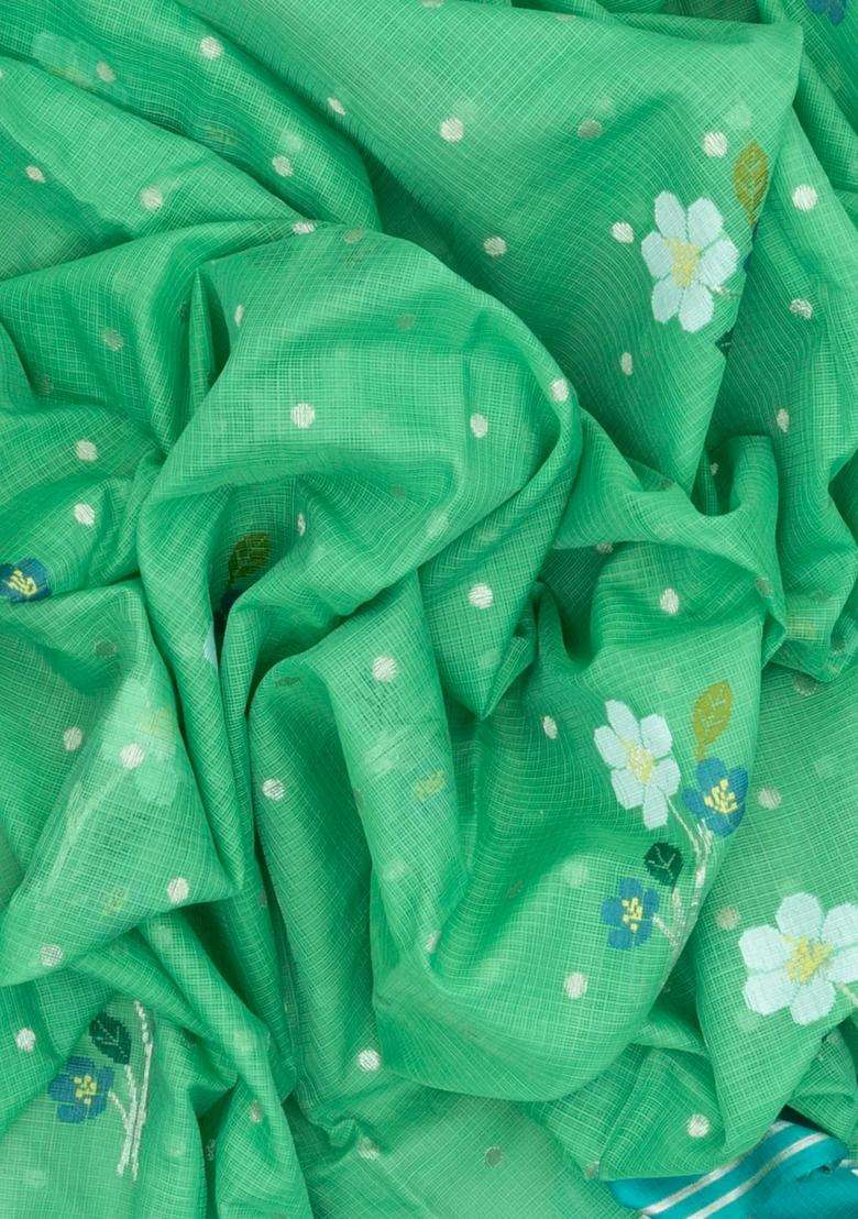 Peach Aquamarine Handloom Kota Silk Cotton Saree With Meena Floral Buttas With Buttas And Brocade Design For Women - Indya
