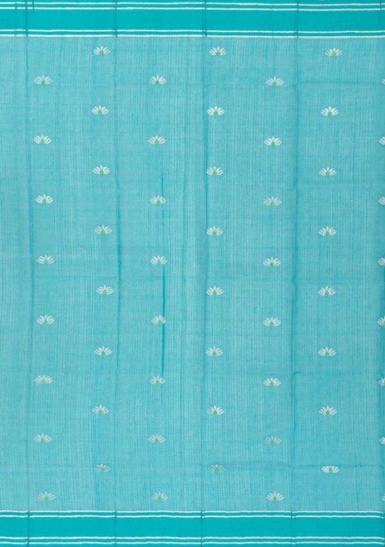Peach Aquamarine Handloom Kota Silk Cotton Saree With Meena Floral Buttas With Buttas And Brocade Design For Women - Indya