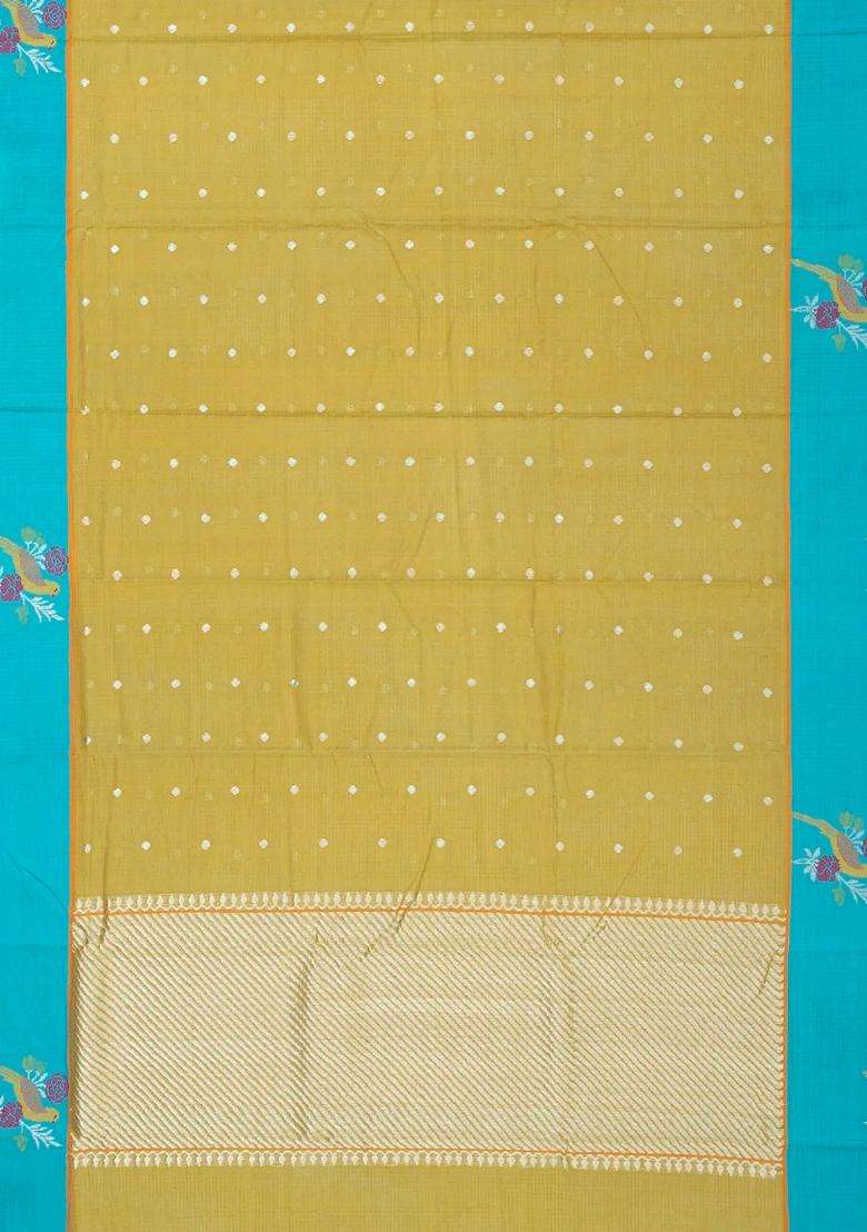 Cardamom Green Handloom Kota Silk Cotton Saree With Floral Zari Buttas With Buttas And Brocade Design For Women - Indya