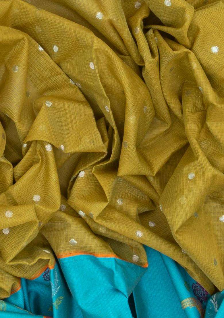 Cardamom Green Handloom Kota Silk Cotton Saree With Floral Zari Buttas With Buttas And Brocade Design For Women - Indya