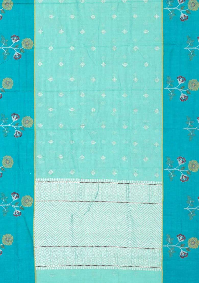 Light Green Turquoise Handloom Kota Silk Cotton Saree With Floral Zari Buttas With Buttas And Brocade Design For Women - Indya
