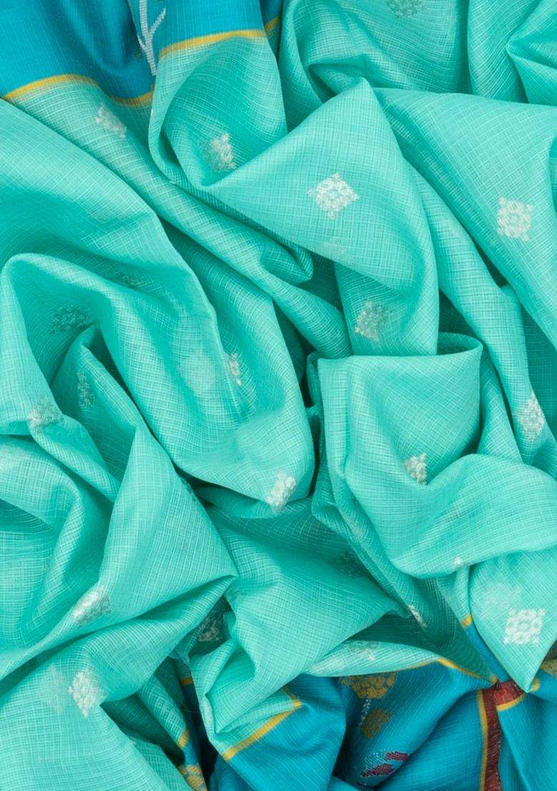 Light Green Turquoise Handloom Kota Silk Cotton Saree With Floral Zari Buttas With Buttas And Brocade Design For Women - Indya