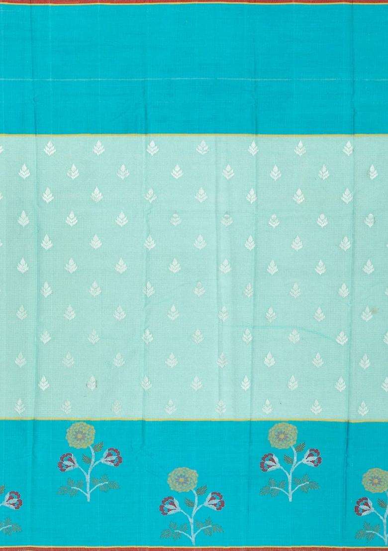 Light Green Turquoise Handloom Kota Silk Cotton Saree With Floral Zari Buttas With Buttas And Brocade Design For Women - Indya