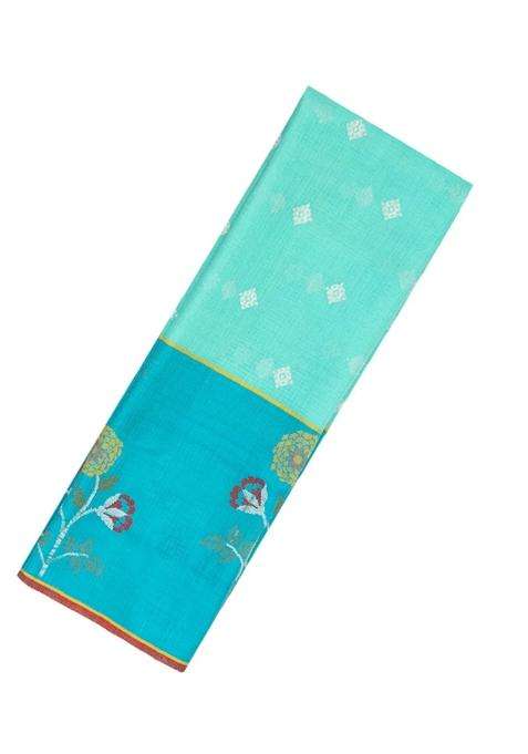 Light Green Turquoise Handloom Kota Silk Cotton Saree With Floral Zari Buttas With Buttas And Brocade Design For Women