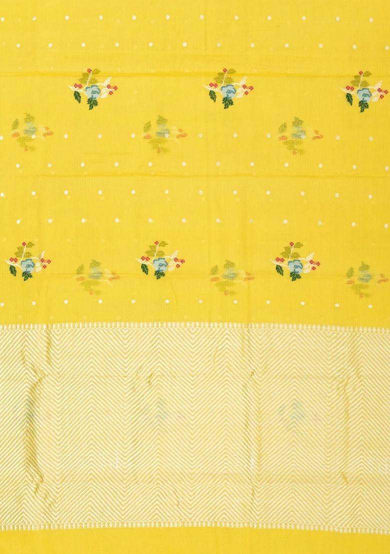 Yellow Handloom Kota Silk Cotton Saree With Meena Floral Buttas With Buttas And Brocade Design For Women - Indya