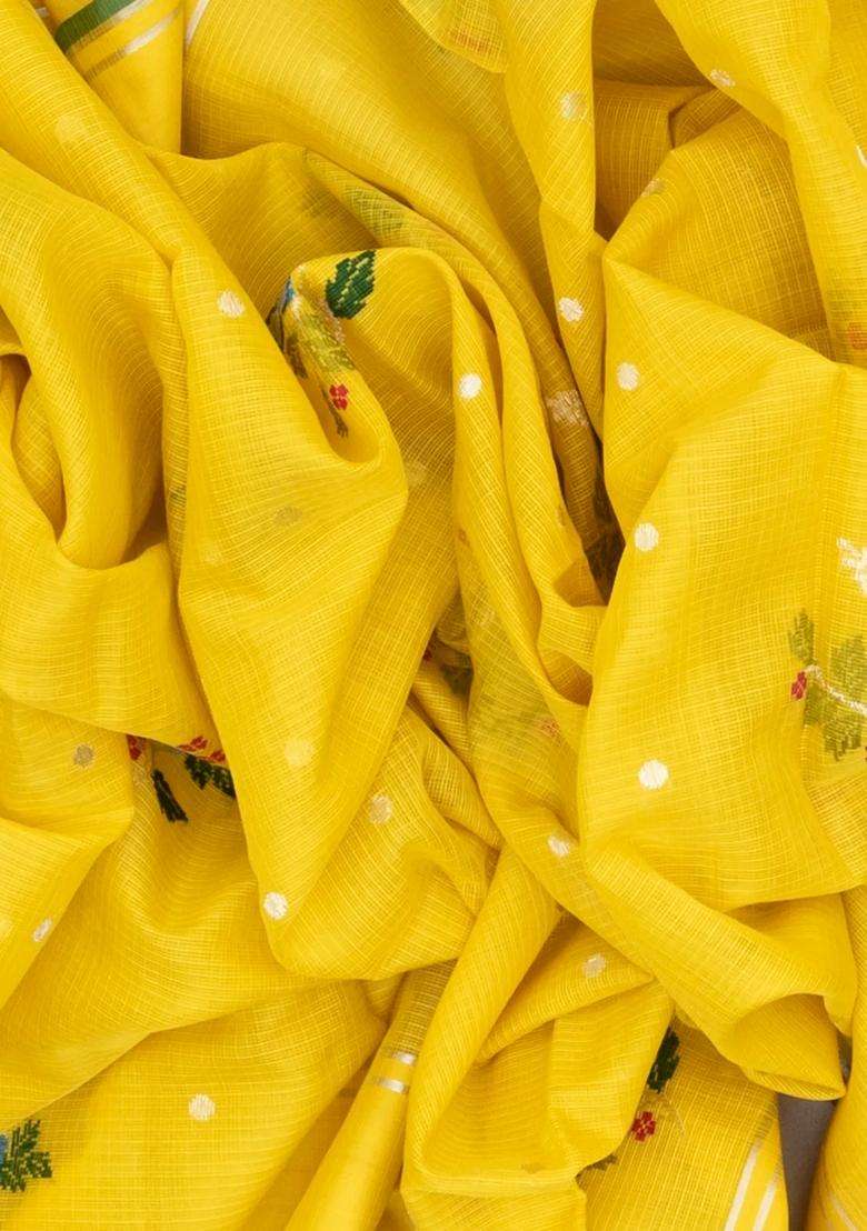 Yellow Handloom Kota Silk Cotton Saree With Meena Floral Buttas With Buttas And Brocade Design For Women - Indya