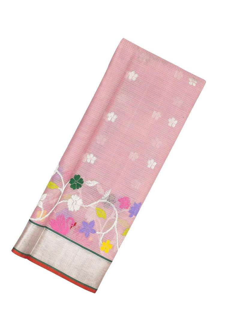 Bubblegum Pink Handloom Kota Silk Cotton Saree With Meena Floral Motifs With Buttas And Brocade Design For Women - Indya