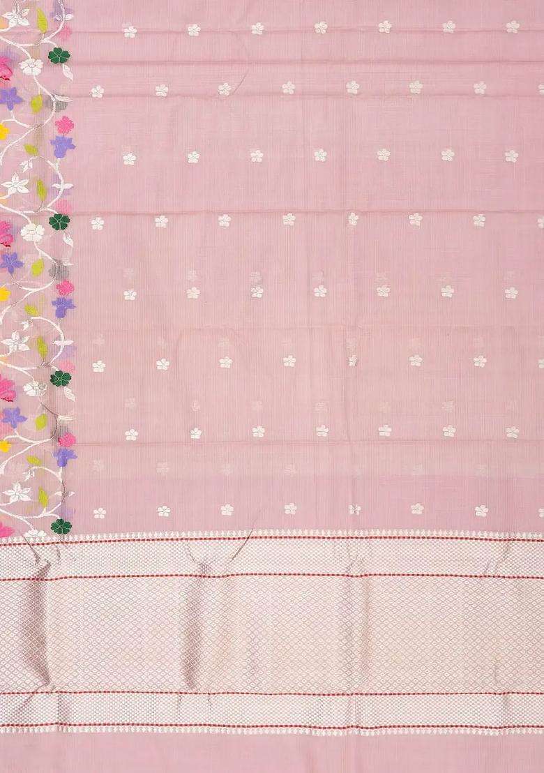 Bubblegum Pink Handloom Kota Silk Cotton Saree With Meena Floral Motifs With Buttas And Brocade Design For Women - Indya