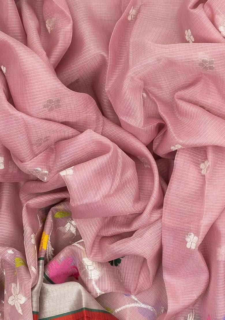 Bubblegum Pink Handloom Kota Silk Cotton Saree With Meena Floral Motifs With Buttas And Brocade Design For Women - Indya